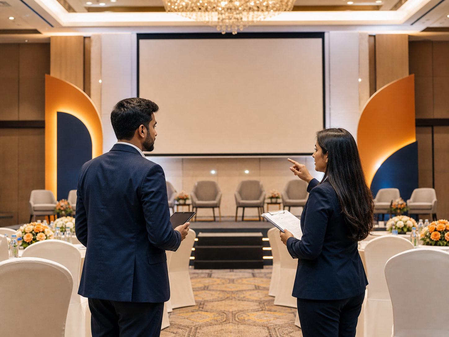 Corporate event planning team preparing a conference